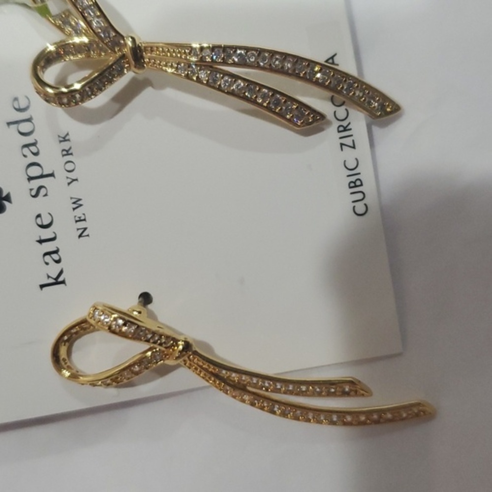 Kate Spade All Tied Up crystal pave rhinestone gold plated oversize bow earrings